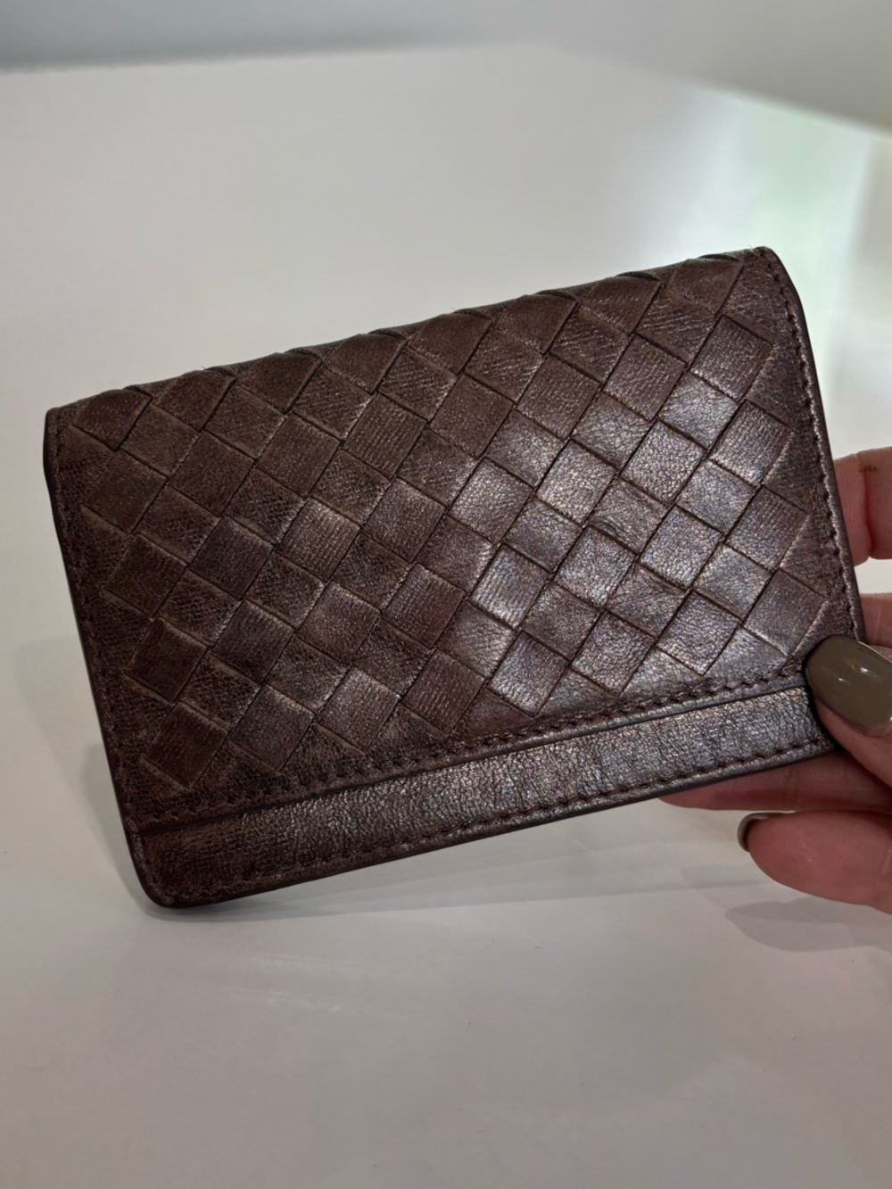 Bottega Veneta Intrecciato Metallic Bronze Leather Wallet Card Case Compact Mini